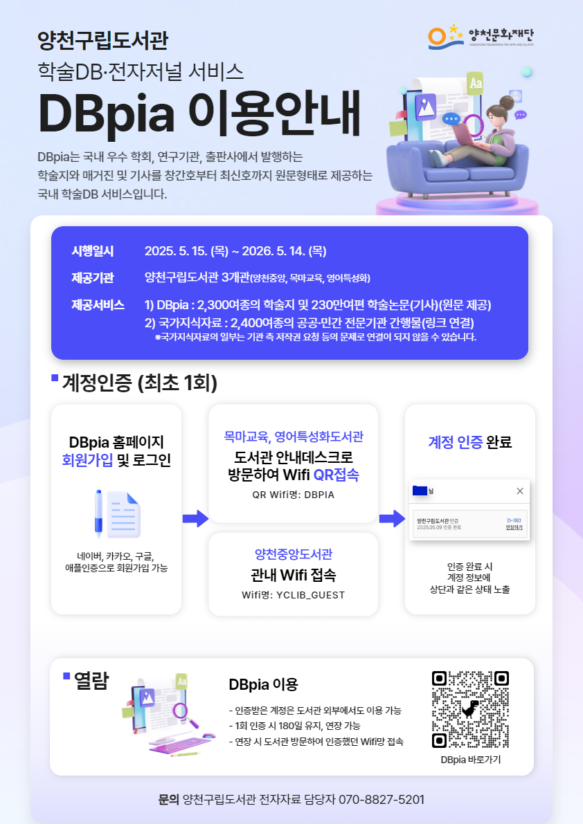 양천문화재단
양천구립도서관 학술DB·전자저널 서비스 
DBpia 이용안내
DBpia는 국내 우수 학회, 연구기관, 출판사에서 발행하는 학술지와 매거진 및 기사를 창간호부터 최신호까지 원문형태로 제공하는 국내 학술DB 서비스입니다.

시행일시 : 2025. 5. 15. (목)~ 2026. 5. 14. (목)
제공기관 : 양천구립도서관 3개관(양천중앙, 목마교육, 영어특성화)
제공서비스 : 1) DBpia : 2,300여종의 학술지 및 230만여편 학술논문(기사)(원문제공)
2) 국가지식자료 : 2,400여종의 공공·민간 전문기관 간행물(링크 연결) 
* 국가지식자료의 일부는 기관측저작권요청 등의 문제로 연결이 되지 않을 수 있습니다.

■ 계정인증(최초 1회)
[DBpia 홈페이지 회원가입 및 로그인] 네이버, 카카오, 구글, 애플인증으로 회원가입 가능 → [목마교육, 영어특성화도서관 도서관 안내데스크로 방문하여 Wifi QR접속] QR Wifi명: DBPIA  /  [양천중앙도서관 관내 Wifi 접속] Wifi명: YCLIB_GUEST → [계정 인증 완료] 인증 완료 시 계정 정보에 상단과 같은 상태 노출 (상단 이미지 - ○○○님  양천구립도서관 인증 2025.05.09. 인증완료   D-180   연장하기버튼)

■ 열람
DBpia 이용
- 인증받은 계정은 도서관 외부에서도 이용 가능
- 1회 인증 시 180일 유지, 연장 가능
- 연장시 도서관 방문하여 인증했던 Wifi망 접속

DBpia 바로가기 QR코드가 있습니다,

■ 문의 : 양천구립도서관 전자자료 담당자 070-8827-5201
